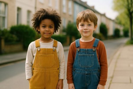 Children smiling in urban neighborhood.
